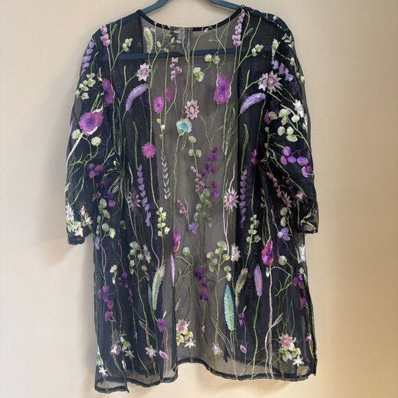 Catherine's Plus Size 1X Sheer Kimono-Style Long Jacket Floral Embroidered Boho - Picture 2 of 5